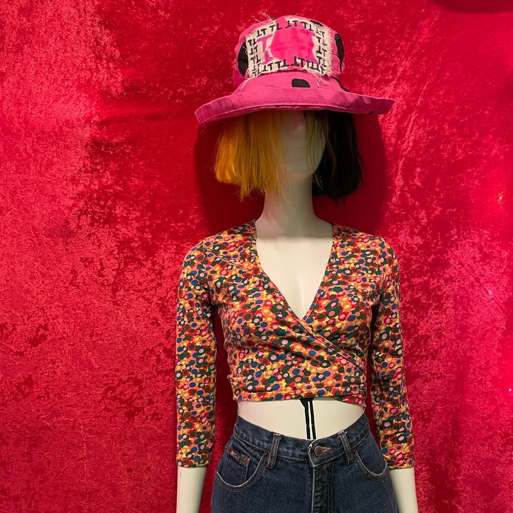 60’s bright orange multicolor, long sleeve, crop top floral wrap top.